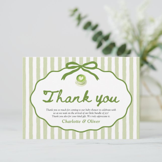 Sage Green Striped Frame Bow Matcha Thank you card (Standing Front)