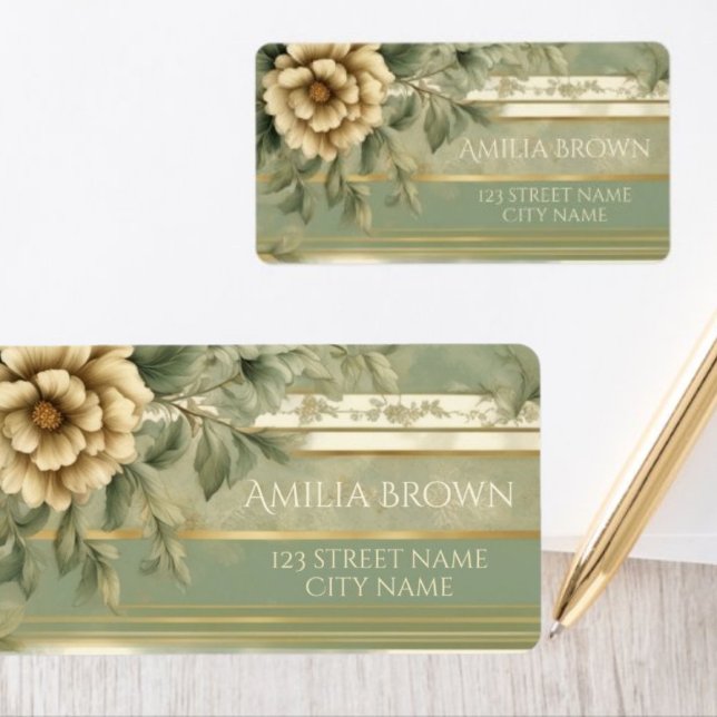 Sage green striped gold flower address label (Creator Uploaded)