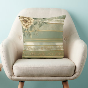 Sage green striped gold flower baroque cushion
