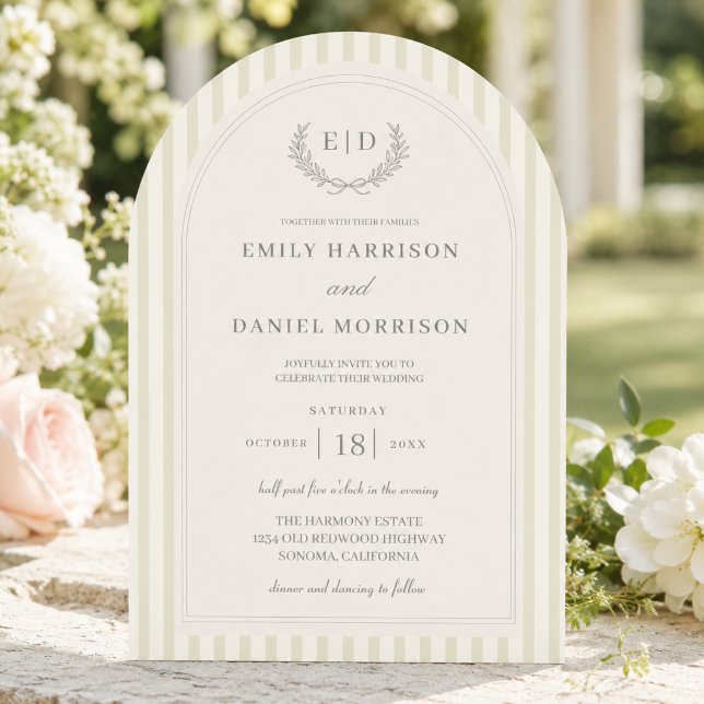 Sage Green Striped Monogram Elegant Wedding Invitation (Creator Uploaded)