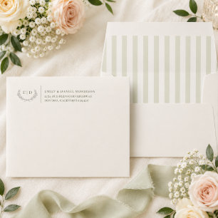 Sage Green Striped Monogram Self Addressed Envelope