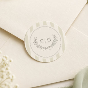 Sage Green Striped Monogram Wedding Classic Round Sticker