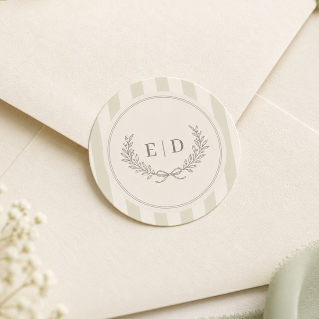 Sage Green Striped Monogram Wedding Classic Round Sticker (Creator Uploaded)