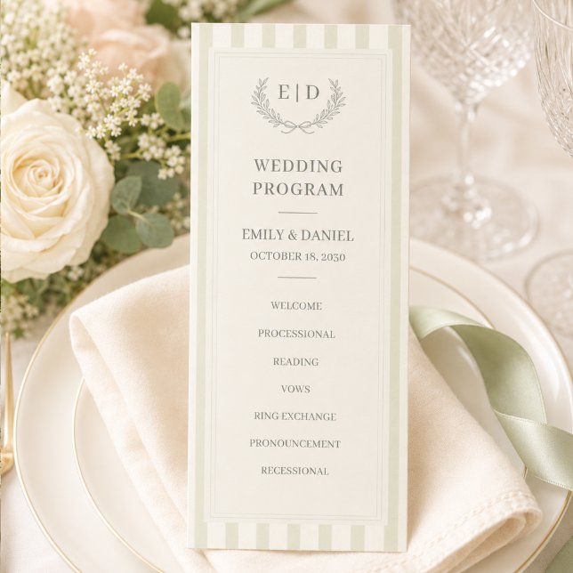 Sage Green Striped Monogram Wedding Programme (Creator Uploaded)