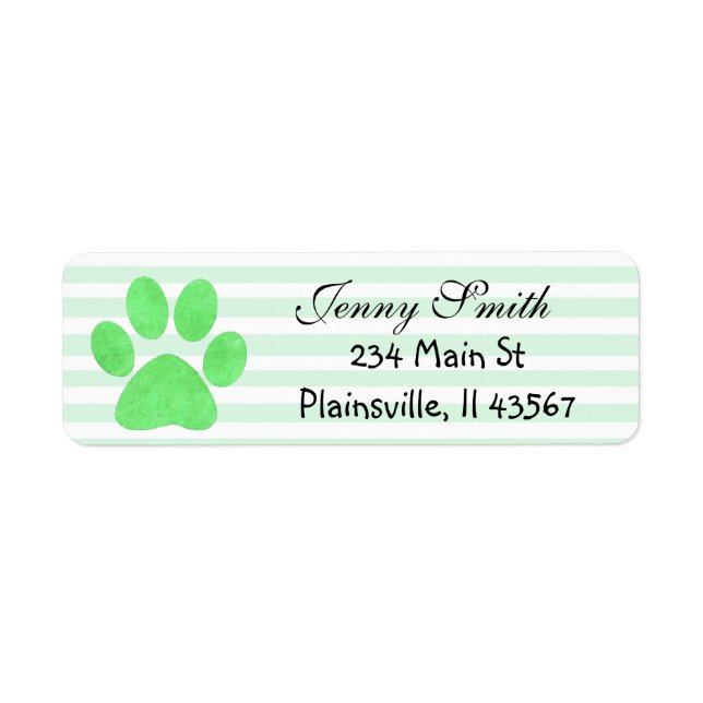 Sage Green Striped Paw Print Return Address Labels (Front)