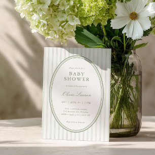 Sage Green Striped Preppy Baby Shower Invitation
