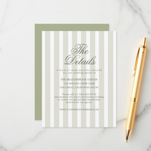 Sage Green Striped Wedding Details Card (Front/Back In Situ)