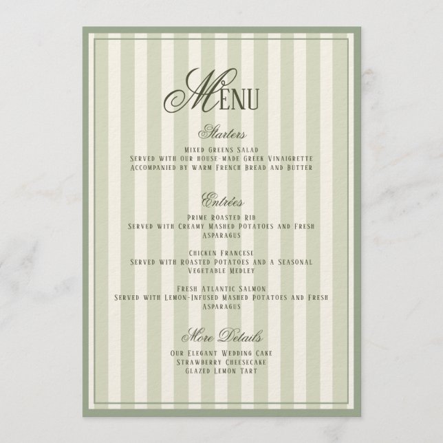 Sage Green Striped Wedding Menu  Card (Front)