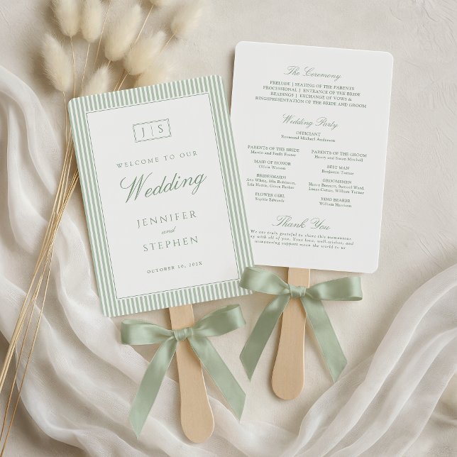 Sage Green Striped Wedding Program Hand Fan (Creator Uploaded)