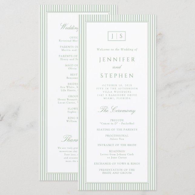 Sage Green Striped Wedding Program Programme (Front/Back)