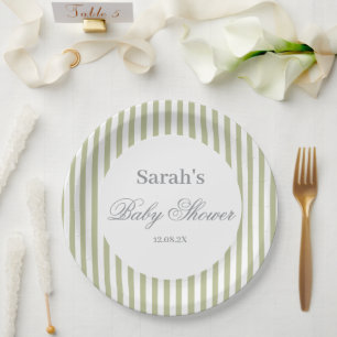 Sage Green Stripes Baby Shower Paper Plate