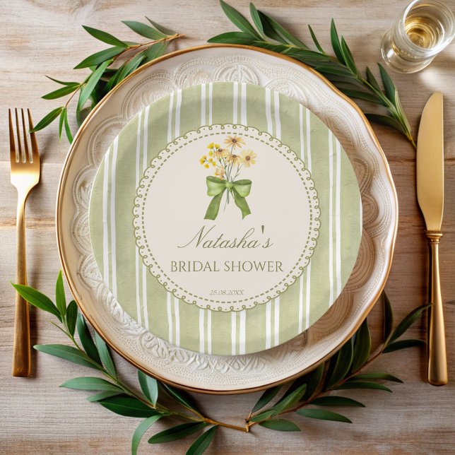 Sage green stripes bridal shower monogrammed paper plate (Sage green stripes grand millennial bridal shower monogrammed paper plates personalized table decor)
