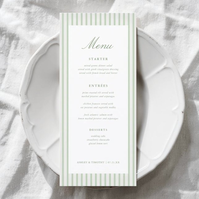 Sage Green Stripes Classic Wedding Table Menu (Creator Uploaded)