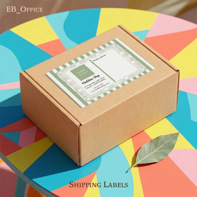 Sage Green Stripes & Curly Frame & Logo (Chic Sage Green & White Stripes & Logo.
Size: 3.75” L x 2” W - Eight labels per sheet
)