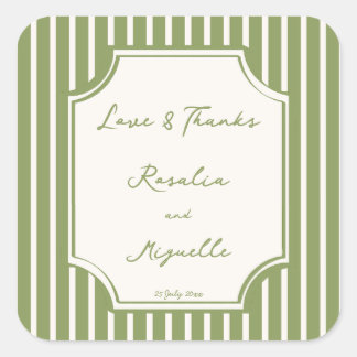 Sage green stripes hand drawn wedding custom square sticker