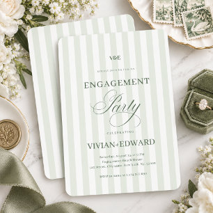 Sage Green Stripes Retro Engagement Party Invitation