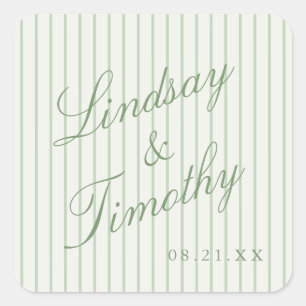Sage Green Stripes Retro Wedding Favour Square Sticker