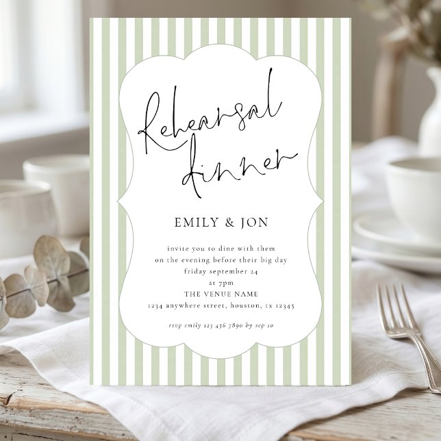 Sage Green Stripes Script Rehearsal Dinner Invitation (Creator Uploaded)