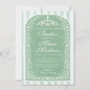 Sage Green Stripes Spanish Girl Bautizo Talavera Invitation