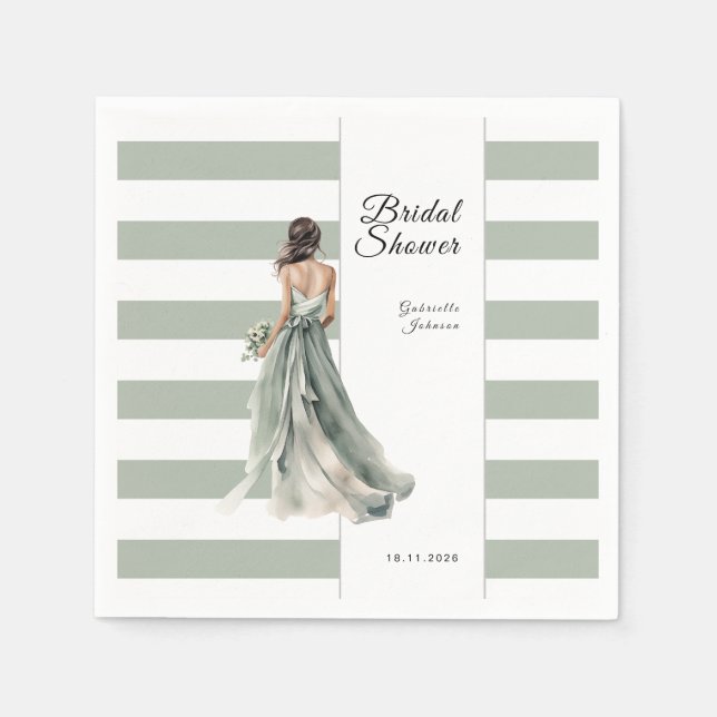 Sage Green Stripes Watercolor Bride Bridal Shower Napkin (Front)