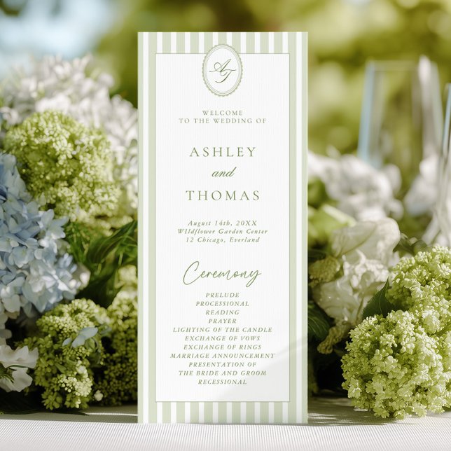 Sage Green Stripes Wedding Program Invitation (Creator Uploaded)