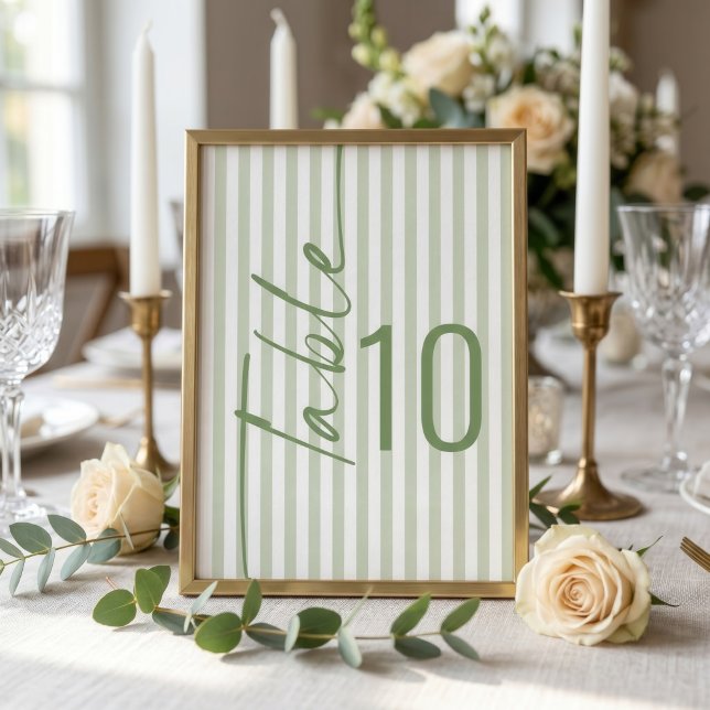 Sage Green Stripes Wedding Table Number card (Creator Uploaded)