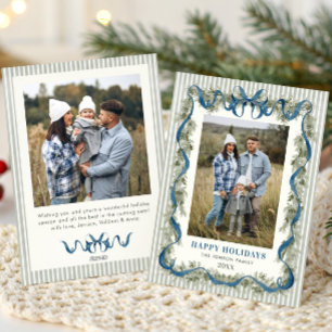 Sage Green Stripped Blue Bow Christmas 2 Photo Holiday Card