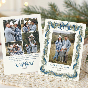 Sage Green Stripped Blue Bow Christmas 5 Photo Holiday Card