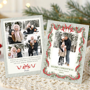 Sage Green Stripped Red Bow Christmas 5 Photo Holiday Card