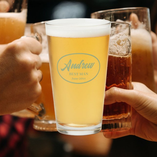 Sage Green Stylised Name Wedding Best Man Glass (In Situ)