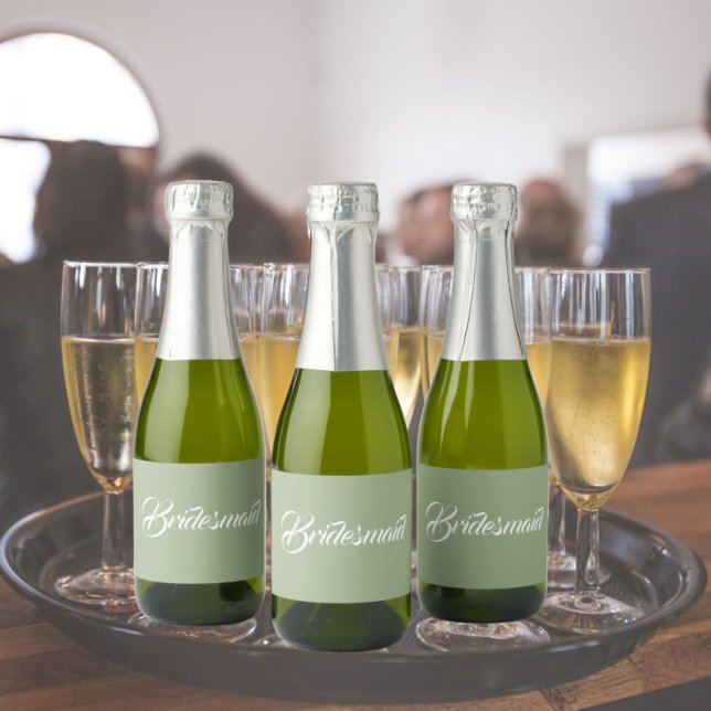 Sage Green Stylised Script Wedding Bridesmaid Sparkling Wine Label (In Situ Wedding)
