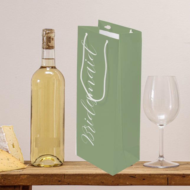 Sage Green Stylised Script Wedding Bridesmaid Wine Gift Bag (In Situ)