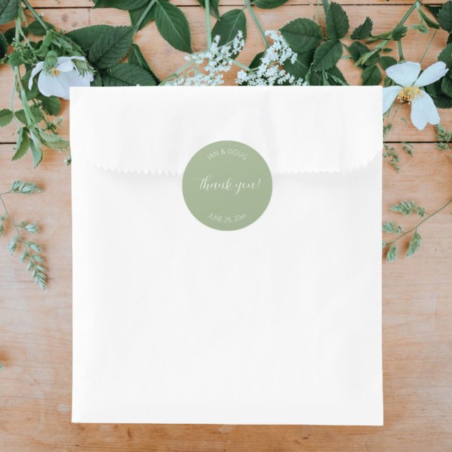 Sage Green Stylised Wedding Thank You Classic Round Sticker (In Situ Wedding)