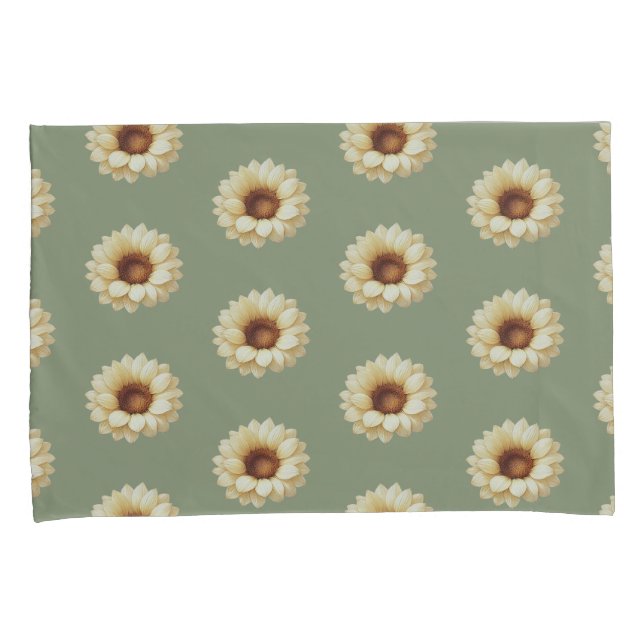 Sage Green Sunflower Floral Pillowcase Set (Front-Right)