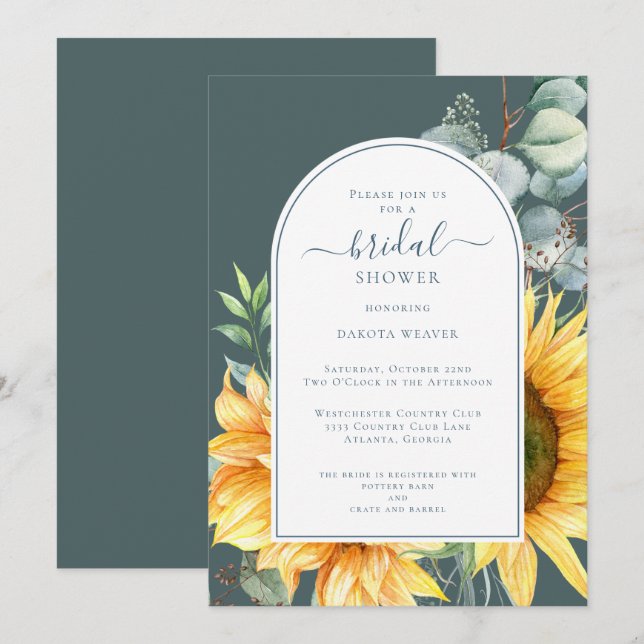 Sage Green Sunflower Green Bridal Shower Invitation (Front/Back)