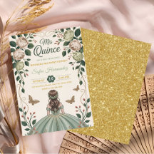 Sage Green Sweet 15 Gold Crown Butterfly 