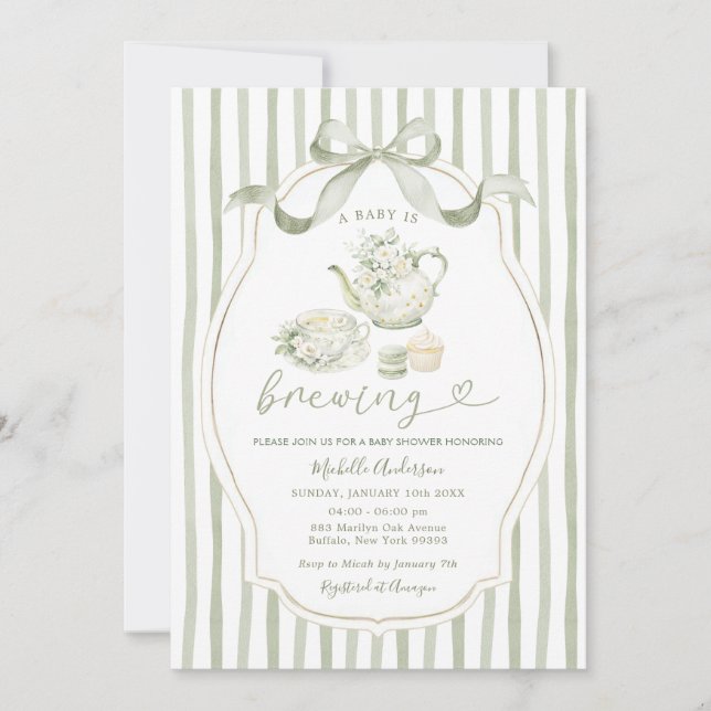 Sage Green Tea Party Baby Shower Stripe Invitation (Front)