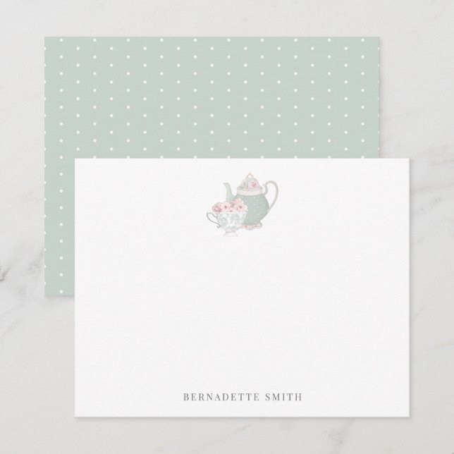 Sage Green Teapot & Tea Cup Stationery Note Card (Front/Back)