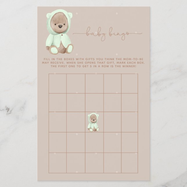 Sage Green Teddy Bear Baby Shower Bingo Game Flyer (Front)