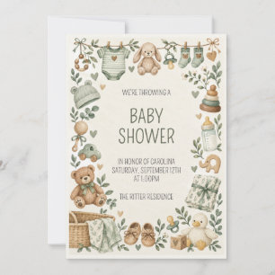 Sage Green Teddy Bear Baby Shower Invitation