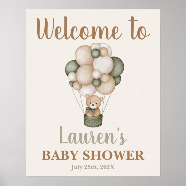Sage Green Teddy Bear Baby Shower Welcome sign (Front)