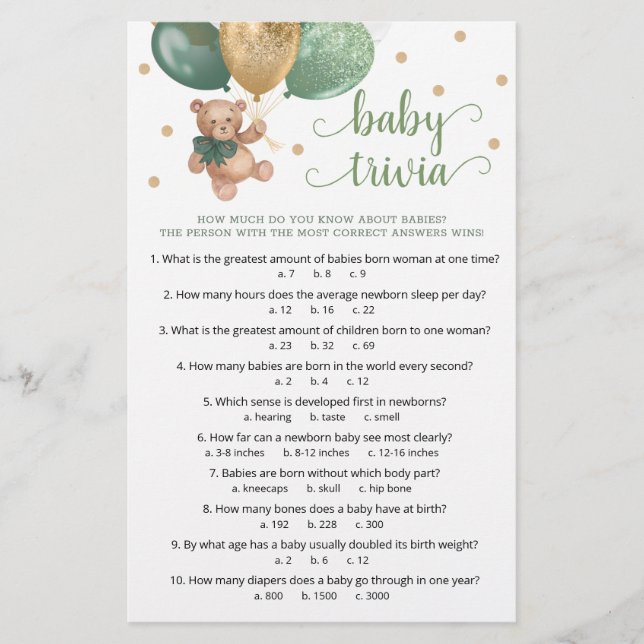 Sage Green Teddy Bear Baby Trivia Game Baby Shower (Front)