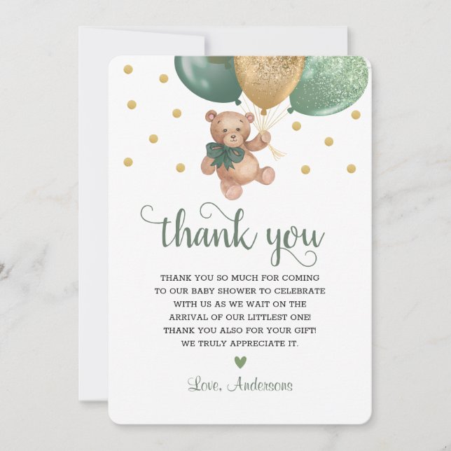 Sage Green Teddy Bear Beary Much Baby Shower  Thank You Card (Front)