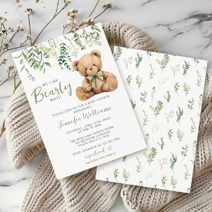Sage Green Teddy Bear Bow Greenery Baby Boy Shower Invitation