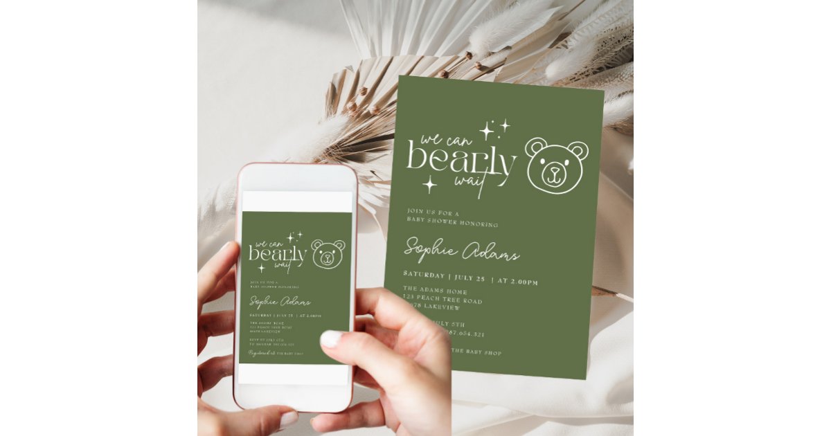 Sage Green Teddy Bear Can Bearly Wait Baby Shower Invitation | Zazzle