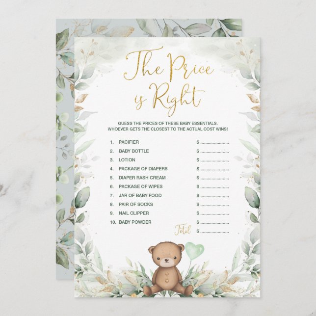 Sage Green Teddy Bear Guess the Right Price Game Invitation (Front/Back)