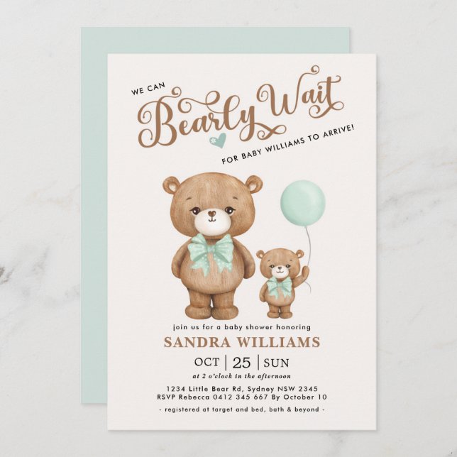 Sage Green Teddy Bear We Can Bearly Wait Shower Invitation (Front/Back)