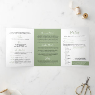 Sage green text and white little heart wedding Tri-Fold invitation