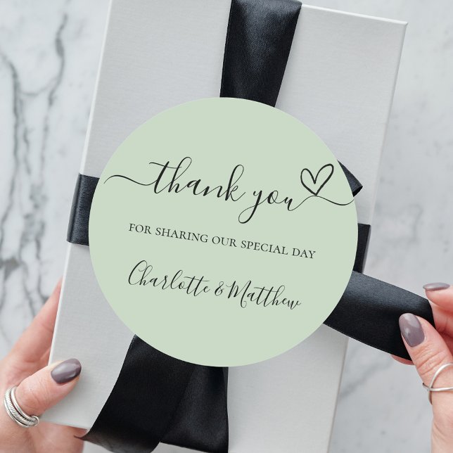 Sage green thank you heart wedding classic round sticker (Creator Uploaded)
