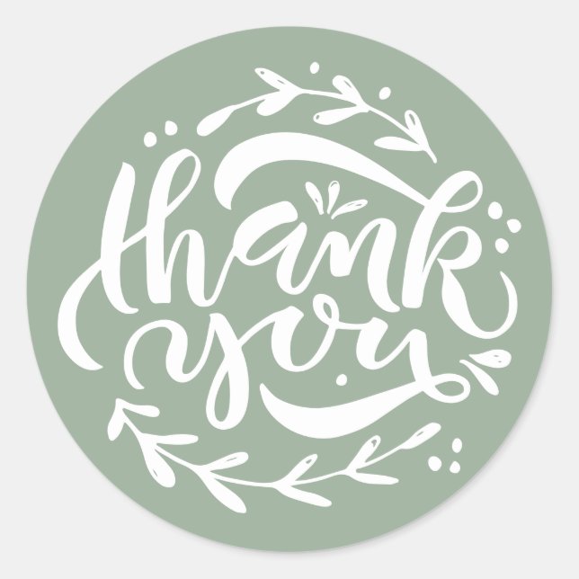 Sage Green Thank You Modern Calligraphy Wreath Classic Round Sticker (Front)